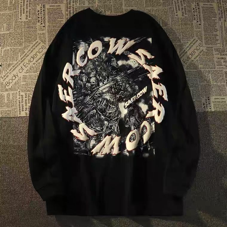 Maglietta a maniche lunghe con teschio, stile casual, unisex, oversize, stile street americano, 100% cotone, alla moda_voghion.com