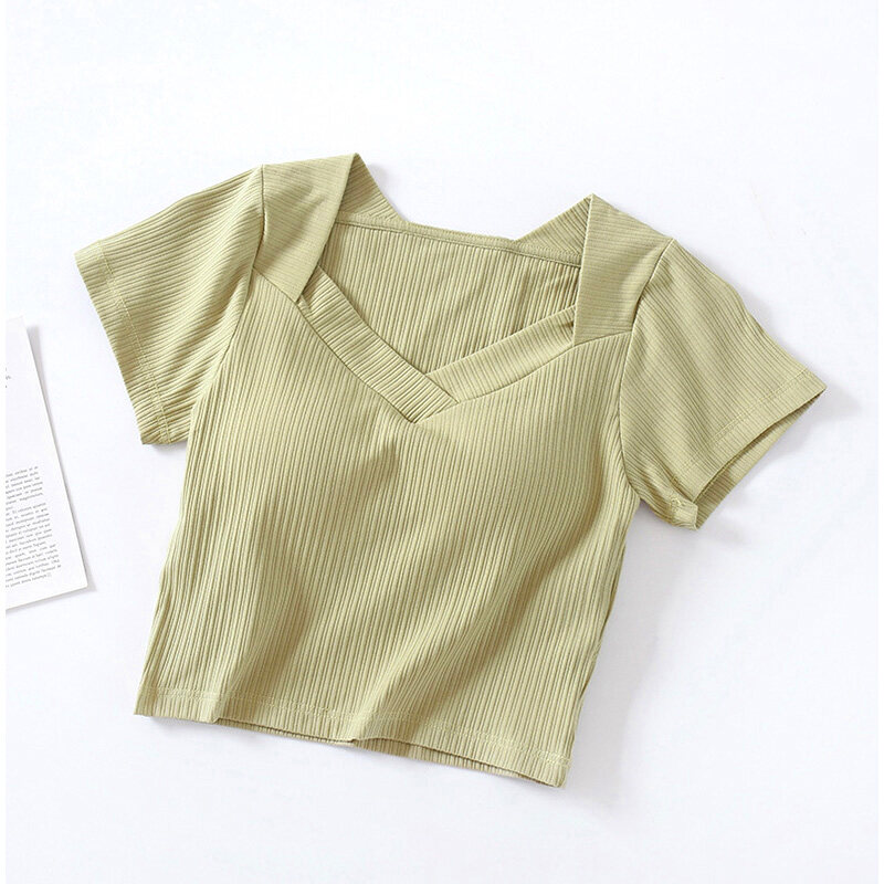 SUPERFLOWER T-shirt tendance pour femme avec coussinets de poitrine, col en V, manches courtes, hauts courts respirants_voghion.com