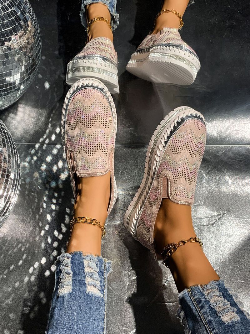 Mocassins cloutés tendance pour femme, à paillettes et semelle plateforme, pour une tenue décontractée, bout rond en PU, noir, rose et violet._voghion.com