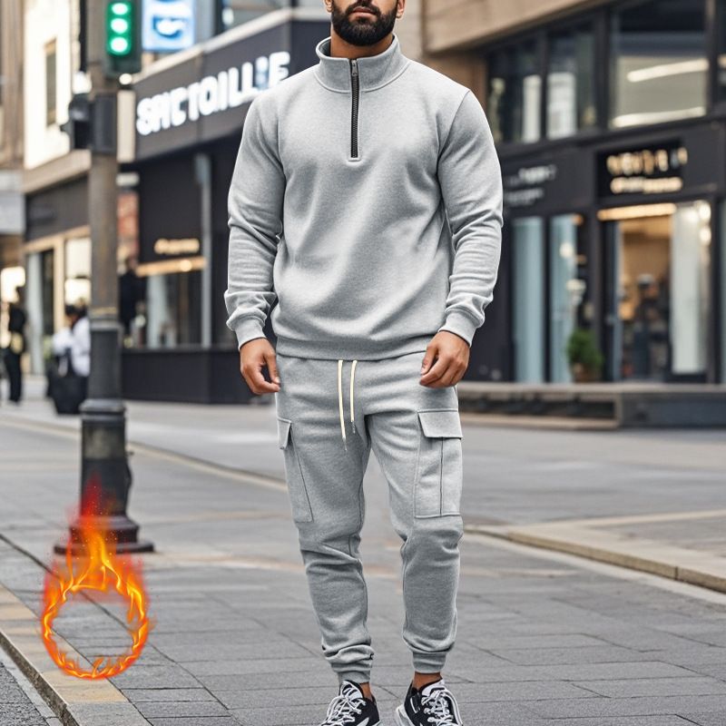 Fleecegefüttertes Sweatshirt-Set mit Viertelreißverschluss für Herren – Slim Fit Thermo-Jogging-Outfit für Herbst und Winter_voghion.com