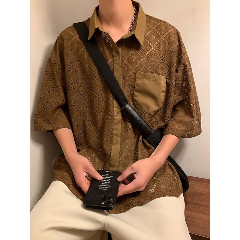 Camicia a maniche corte con risvolto sottile, da uomo, estiva, retrò, ampia, con tasche a 5 punti_voghion.com