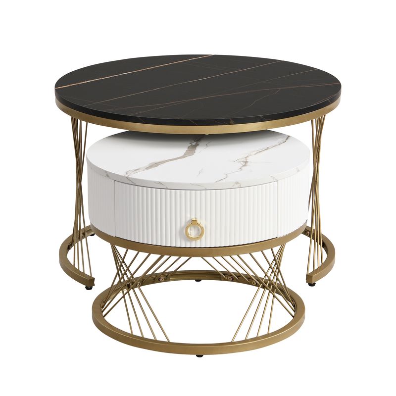 Ensemble de tables basses modulaires élégantes : aspect marbre avec touches dorées, tables d'appoint gigognes avec tiroirs – Ensemble 2 pièces_voghion.com