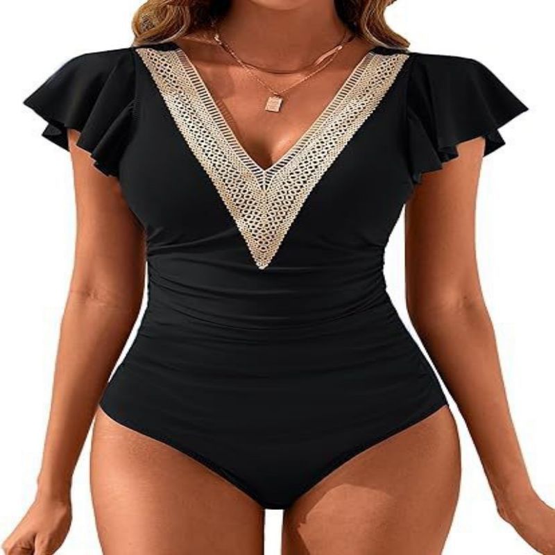 Naisten vaatteet, naisten muoti, huippuluokan seksikäs haalari, yksivärinen, pitsikauluksella varustettu, liitososainen uimapuku_voghion.com