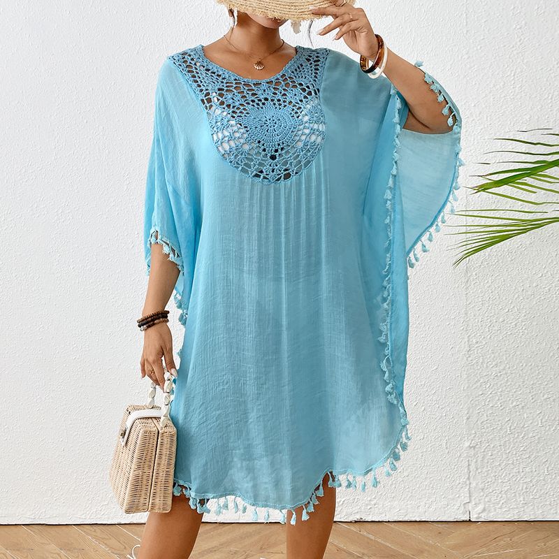 Crochet-Trimmed Polyester Beach Cover-Up – Flowy & Sexy Bikini Wrap For Vacation & Swim (One Size) – Lightweight & Stylish_voghion.com