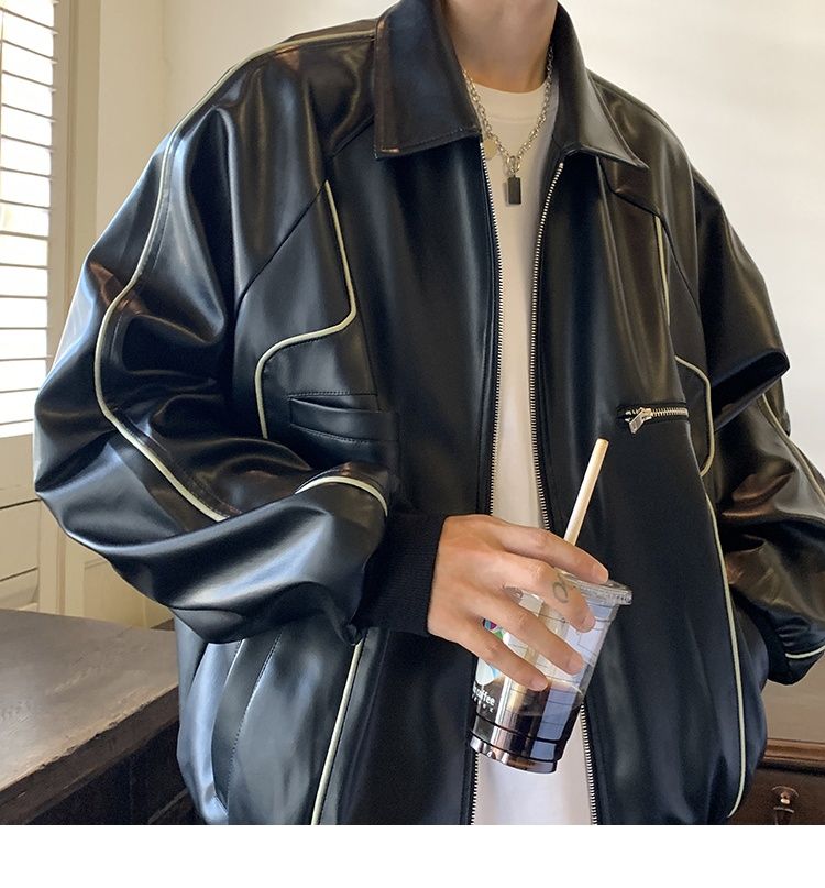 Veste en cuir noir rétro américaine Hue pour homme, collection printemps-automne, idéale pour la moto._voghion.com