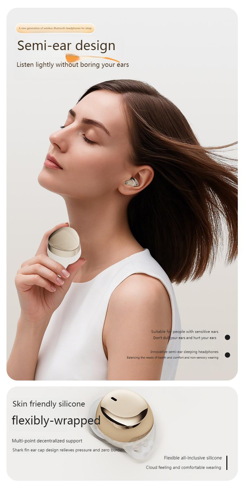 Halb-In-Ear-Bluetooth-Kopfhörer, leichtes Bluetooth 5.4, lange Akkulaufzeit, Mini-Schlafkopfhörer, gute Schalldämmung, Ohrstöpsel_voghion.com