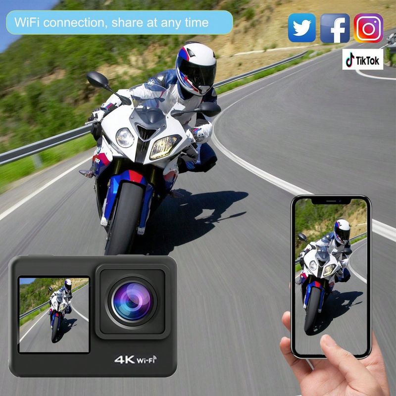 Cámara deportiva para exteriores con pantalla dual 4K y WIFI, videocámara para ciclismo, resistente al agua hasta 30 m_voghion.com
