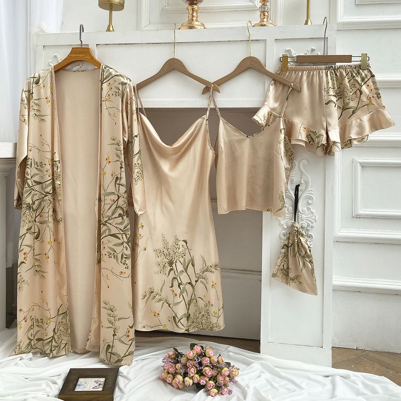 Cross border printed cherry pajamas for women, simple silk home clothes, thin nightgown, ice silk suspender skirt, nightdress_voghion.com