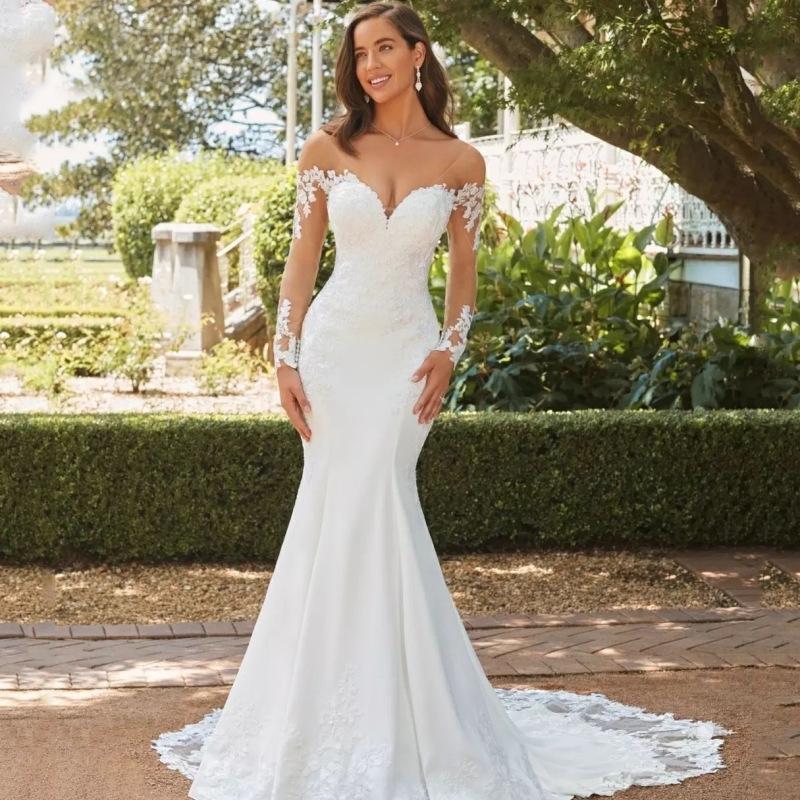 Damen-Hochzeitskleid, Braut, Hochzeit, langärmelig, rückenfrei, Spitze, einfacher Schwanz, Palast, Retro_voghion.com