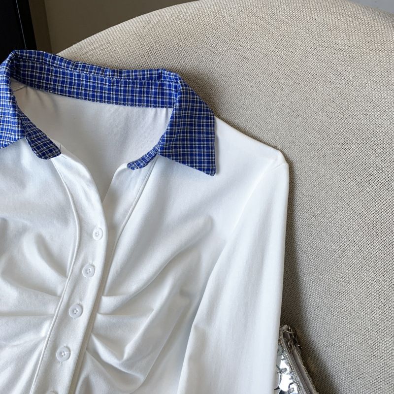 Maglietta a maniche lunghe con colletto polo da donna, nuova primavera, versatile, a quadri con pieghe e colori a contrasto_voghion.com