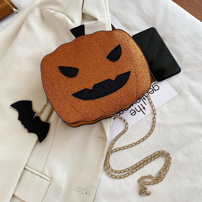 Borsa a tracolla con zucca glitterata a tema Halloween per donna - Borsa a tracolla in PU riflettente retrò con tasche con cerniera, accessorio alla moda e divertente_voghion.com