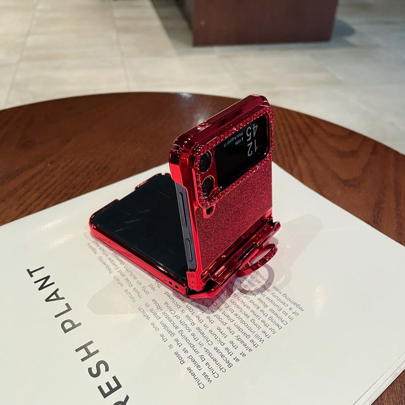 Per Samsung Galaxy Z Flip 4 5 5G Custodia per telefono con supporto per pietra di diamante placcata in oro con glitter di lusso_voghion.com