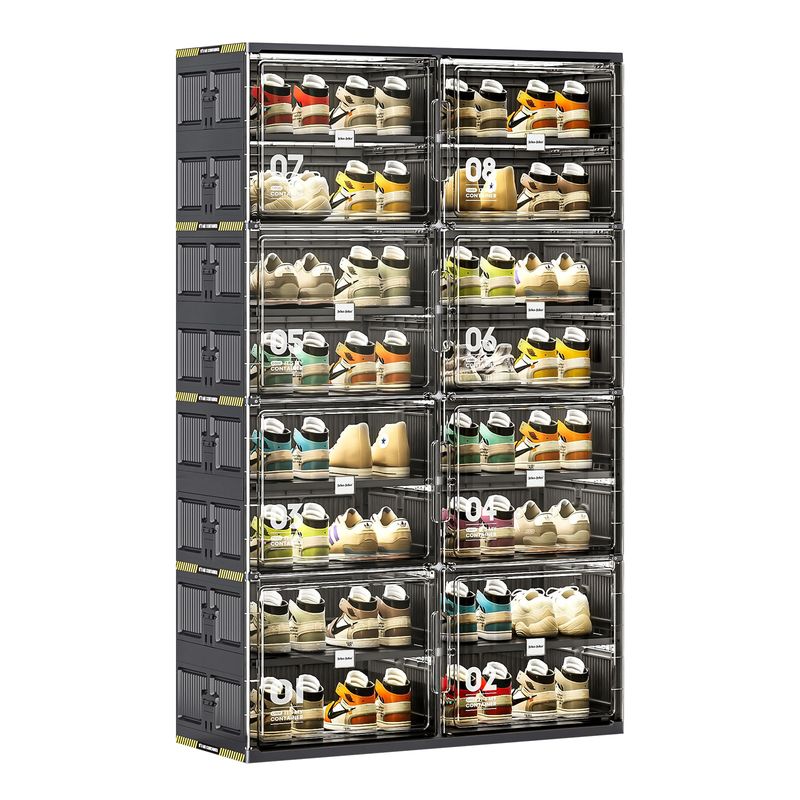 8 Tiers 32 Pairs Hard Plastic Shoe Storage Organizer Cabinet For Entryway, Large Stackable Collapsible Sneaker Shoe Box Organizer For Closet, Portable Folding Shoe Cabinet With Doors, Black_voghion.com