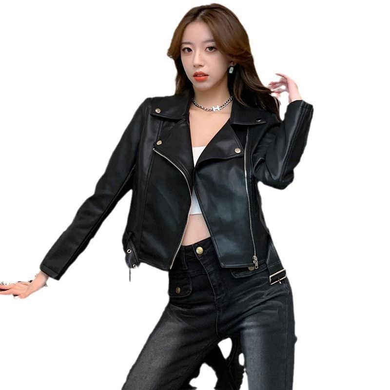 Veste courte noire en cuir PU de style américain pour femme, nouveau design printemps-automne 2024_voghion.com