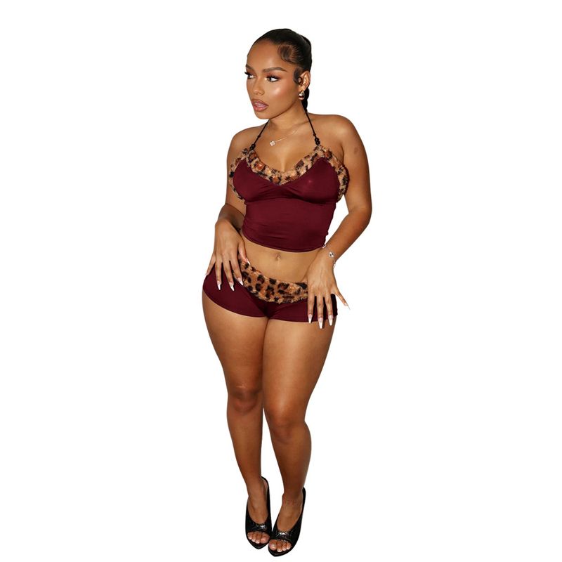 Leopard Print Two-Piece Set Women's Sexy Tie-Front Crop Top & Mini Skirt_voghion.com