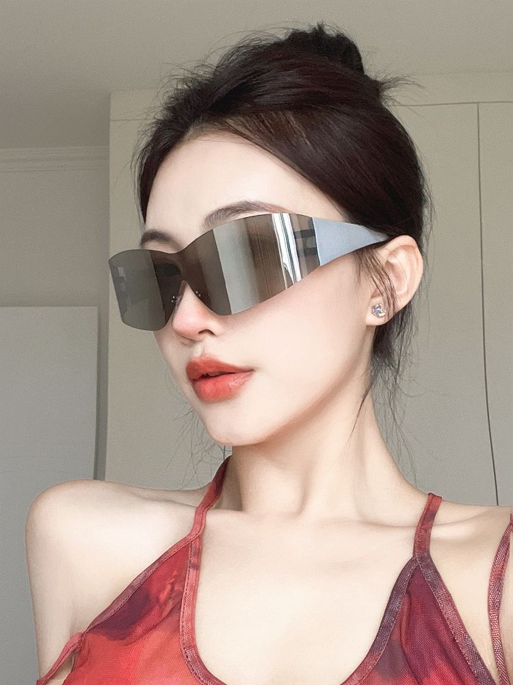 LazyZoom Fashion One-Piece Sunglasses Y2g Mercury Reflective Riding Glasses Women's Fashionable Big Face Technology Sense Hiking_voghion.com