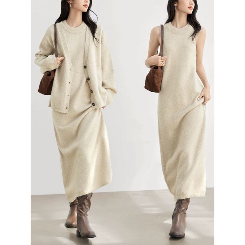 Lazy Style Two-Piece Sweater For Women, Autumn And Winter New Fashionable Elegant Knitted Cardigan, Mid-Length Dress Set_voghion.com