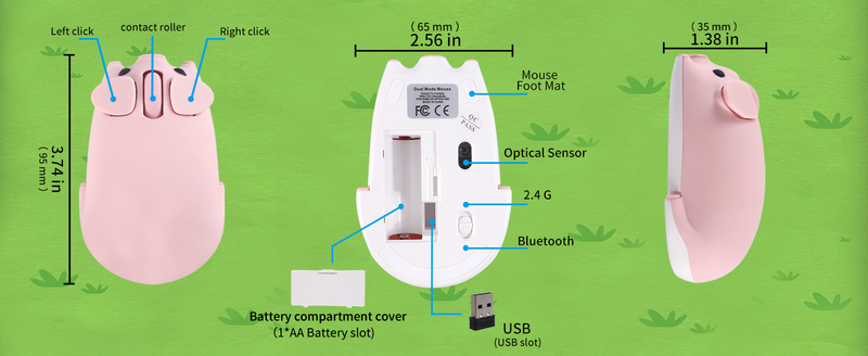 Kabellose 2,4-G-Bluetooth-Maus mit Dual-Modus, Schweine-Optik, bequemer Griff, leichtes Gewicht, niedliche Maus für den Bürogebrauch, Gaming-Geschenk_voghion.com