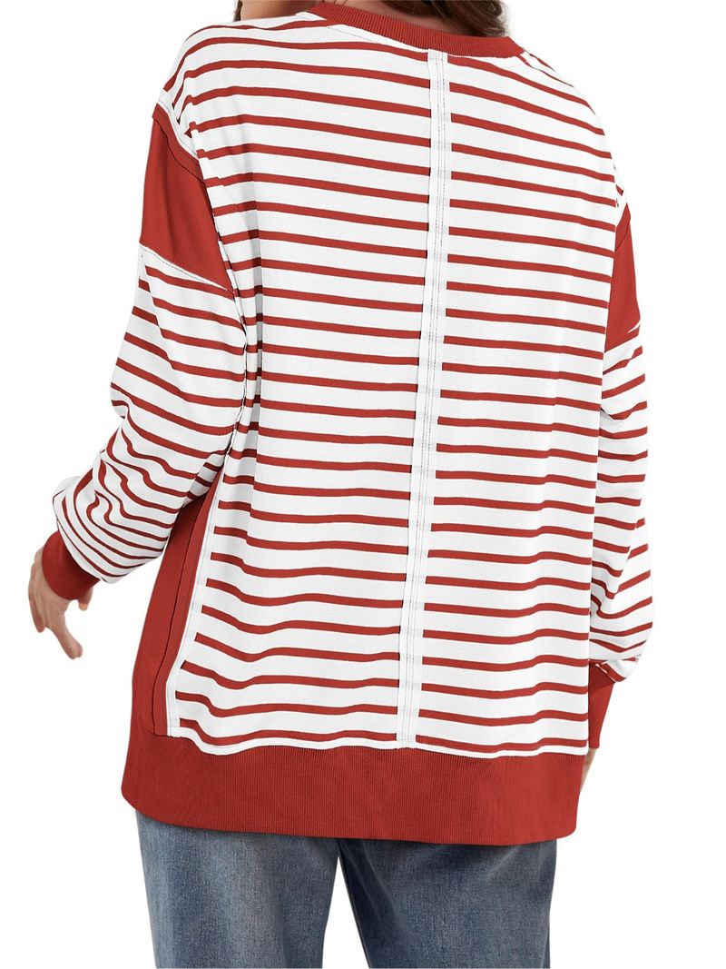 T-shirt a maniche lunghe da donna con righe a contrasto di colore - Felpa girocollo con motivo stampato_voghion.com