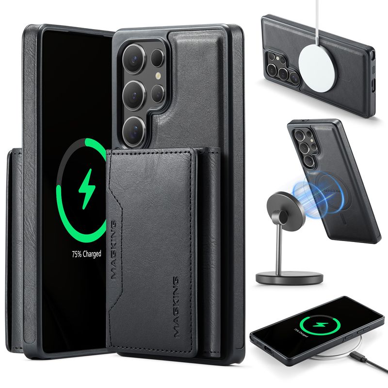 2-in-1-Hülle für Samsung Galaxy S25 S24 Ultra Plus FE Kabelloses Ladegerät Brieftasche Lather Card Pocket Magnetische Kickstand-Hülle_voghion.com