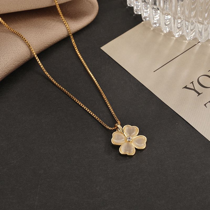 Nuovo collare a catena con fiore a foglia in pietra occhio di gatto, moda, quattro amore, collana in acciaio al titanio oro K da donna, micro intarsiato, piccolo_voghion.com