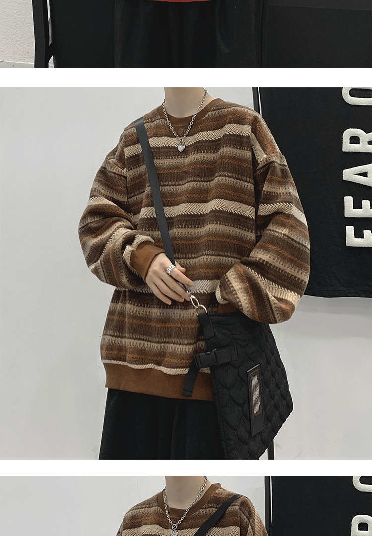 Moletom listrado retrô masculino, tendência da primavera, tudo com gola redonda solta, jaqueta pulôver folgada de marca da moda_voghion.com