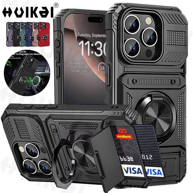 Hülle für iPhone 16 15 Pro Max 14 Kartenhalter Magnetischer gedrehter Ring Kickstand Layer Schwere stoßfeste Brieftaschenabdeckungen_voghion.com