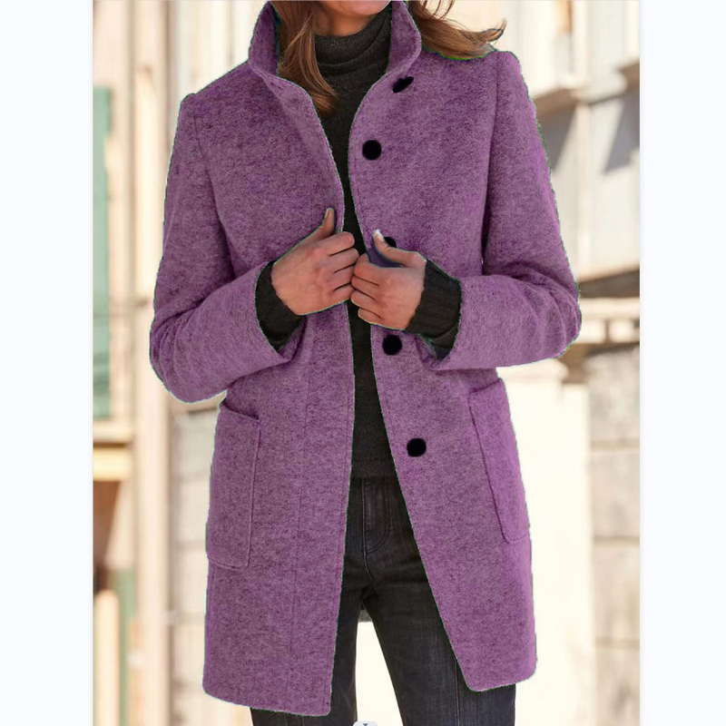 2025 Autumn And Winter Women's New Solid Color Button Up Collar Woolen Coat_voghion.com