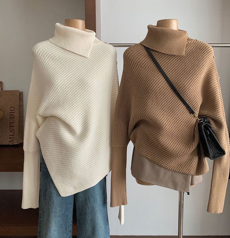 Vêtements pour femmes Pull à col montant irrégulier Pull à col montant Haut en tricot surdimensionné Doux Coupe ample Décontracté Pull à manches longues Chic Tunique de couleur unie_voghion.com