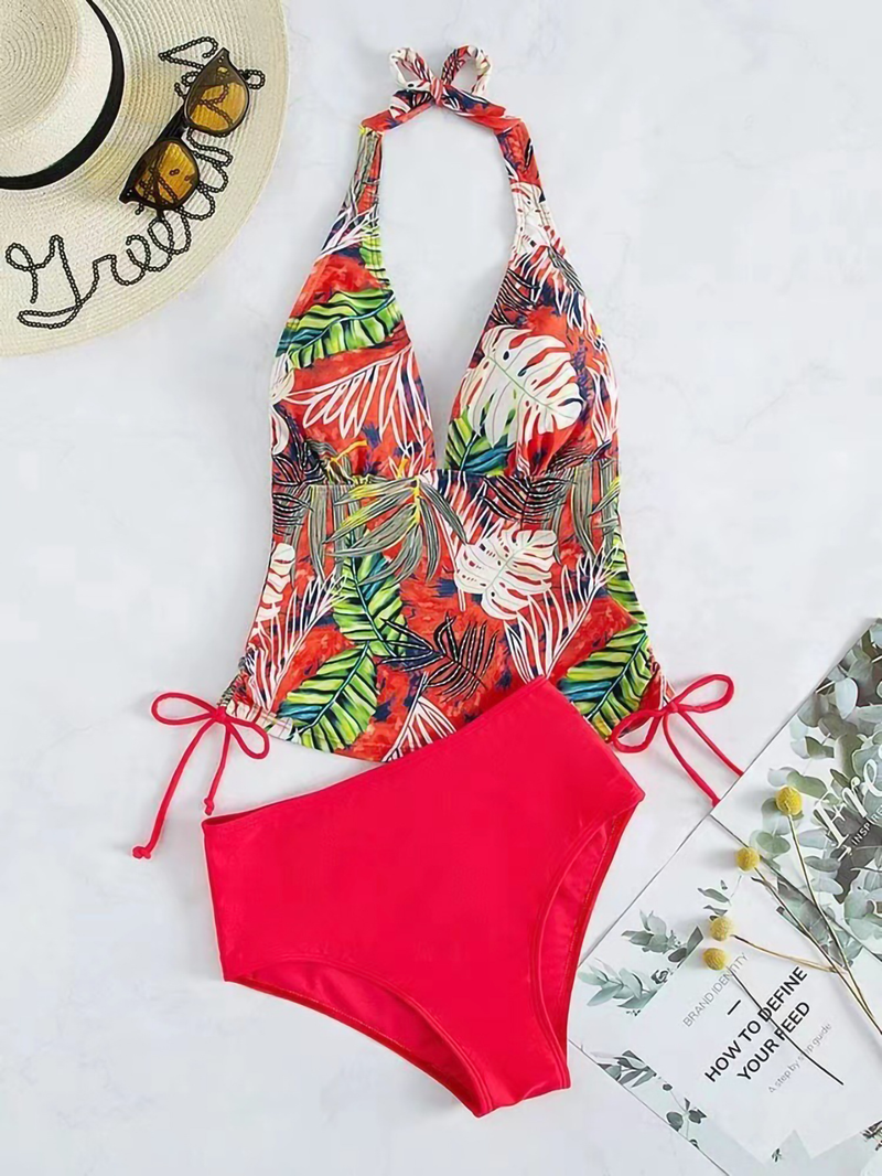 Maillot de bain femme triangle fendu dentelle couleur unie imprimé feuille maillot de bain bikini_voghion.com