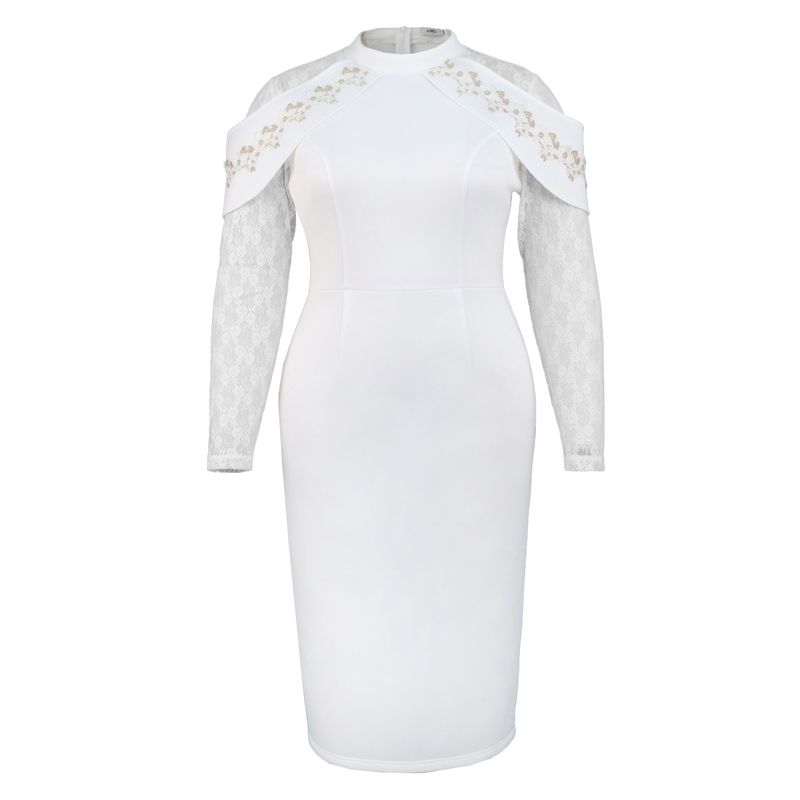 Klänning med blommor i spets, elegant temperament, liten ståkrage, midjelång kjol, klänning_voghion.com
