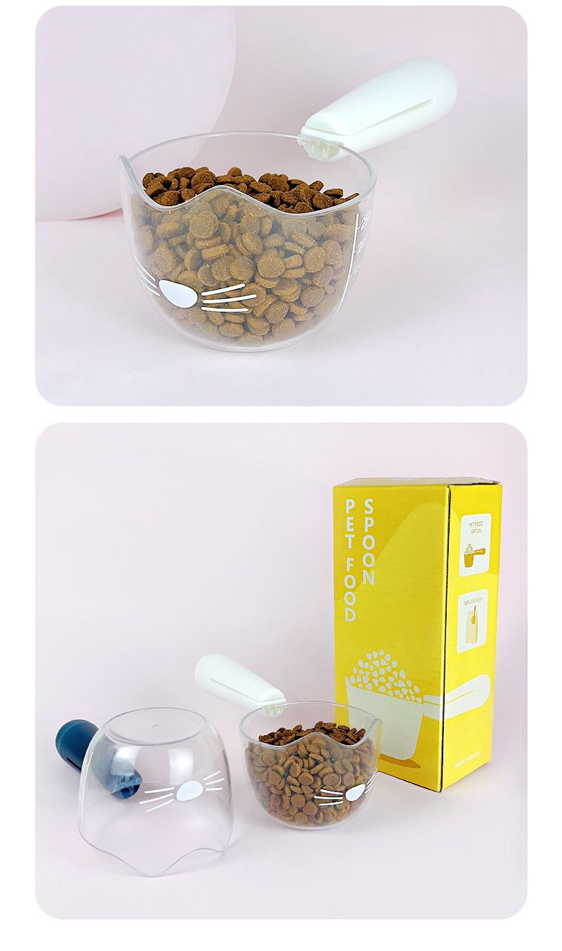 Huisdier kat en snacks, hoofdvoer, hondenlepel, plastic afsluitbare clipbeker, transparante schaal, voerlepel_voghion.com