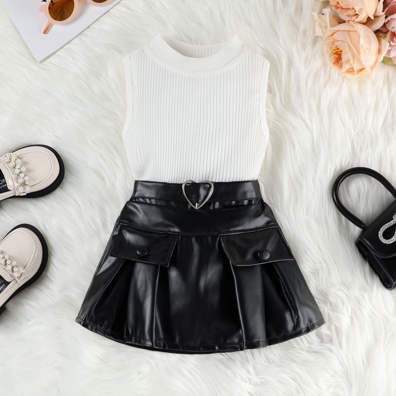 "Toddler Girls' Ribbed Vest & PU Skirt Set – Soft Cotton Play Outfit With Adjustable Waist (90-130cm)"_voghion.com