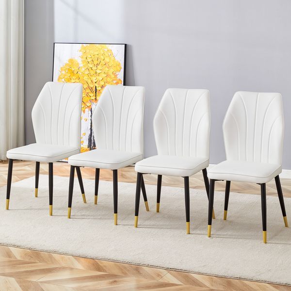 4 Modern Dining Chairs With Stylish PU Patterned Backrest And Black Metal Legs For A Comfortable Home Experience In The Kitchen, Bedroom And Office._voghion.com
