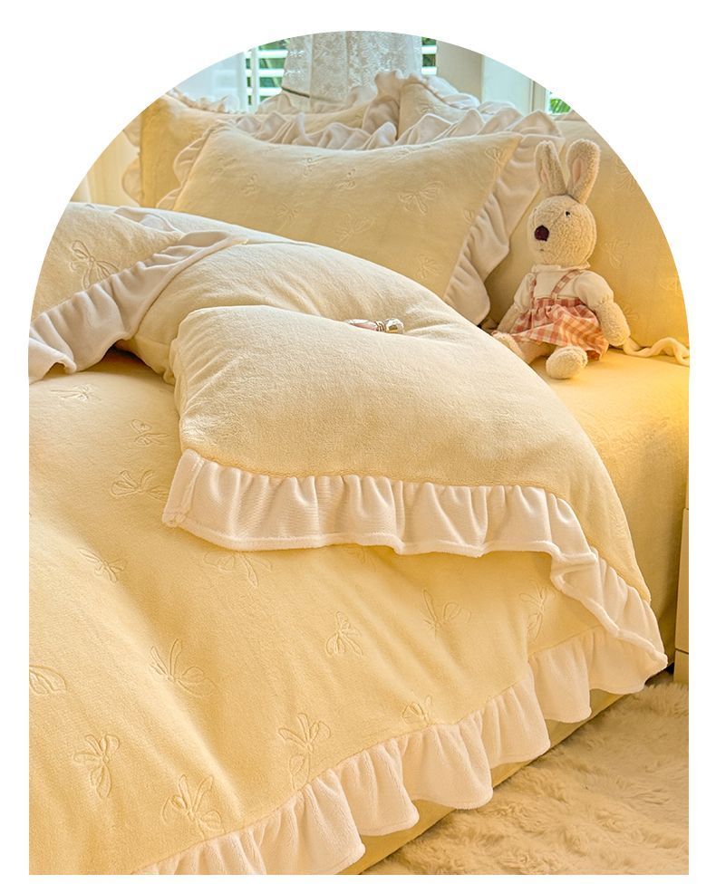 Korean Version Milk Four-Piece Fresh Lace Double-Sided Bed Sheet Duvet Cover Three-Piece Set Thickened Coral Velvet_voghion.com