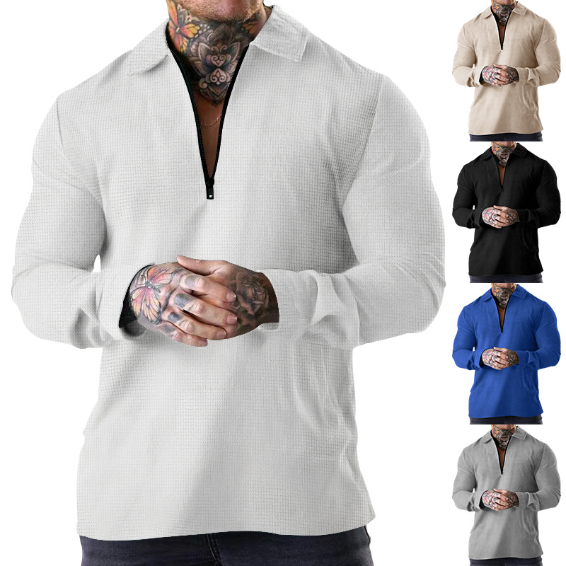 Herrkläder Heavy Waffle pikétröja med lapel långärmad fritids T-shirt_voghion.com