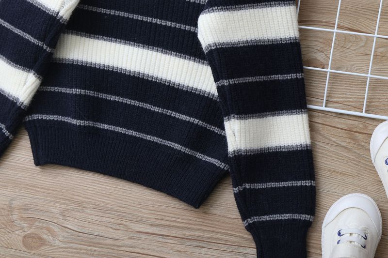 Strickjacke aus Lammwolle für Mutter und Kind, weicher, warmer Strickpullover für große Kinder (ab 8 Jahren), gestreiftes Design, lange Ärmel, Stehkragen (Grau/Marineblau)_voghion.com