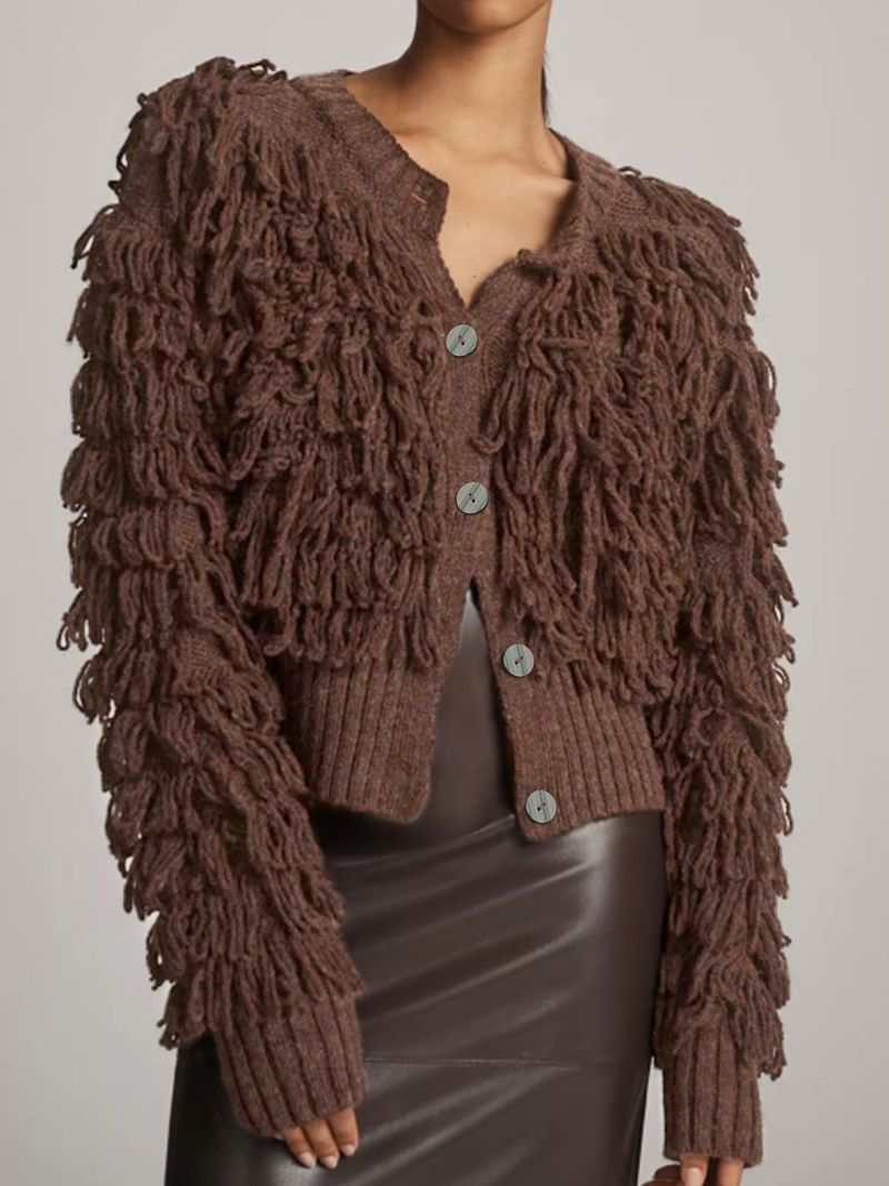 "Fringe Button Cardigan – Women's Knitted Long-Sleeve Open Front Sweater (S-XL)"_voghion.com