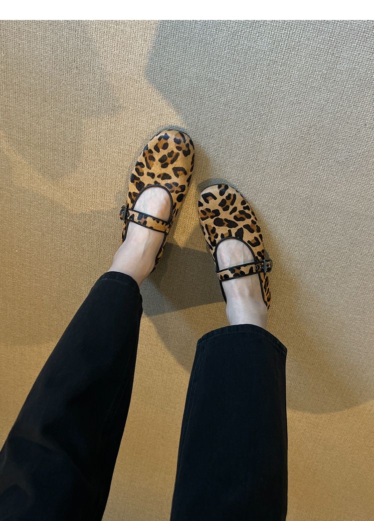 Sheepskin Leopard Print Round-Toe Low-Cut Versatile Flats Women's Mary Jane Casual Shoes_voghion.com
