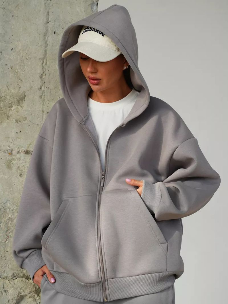Kadın Giyim Kadın Büyük Boy Fermuarlı Kapüşonlu Üst - Uzun Kollu Günlük Sokak Giyimi, Düz Renk, Hafif Pamuk Karışımı (11 Renk) - S/M/L/XL_voghion.com