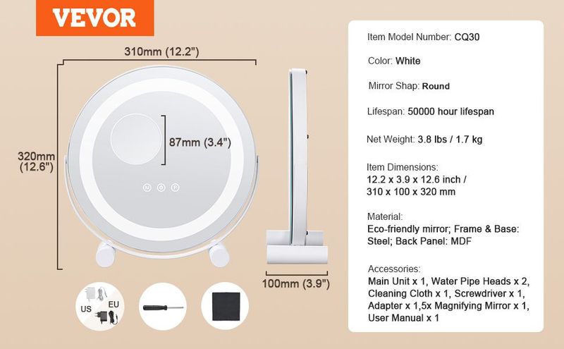 VEVOR 12' Vanity Mirror With Lights LED Makeup Round W/ Smart Touch For Bedroom_voghion.com