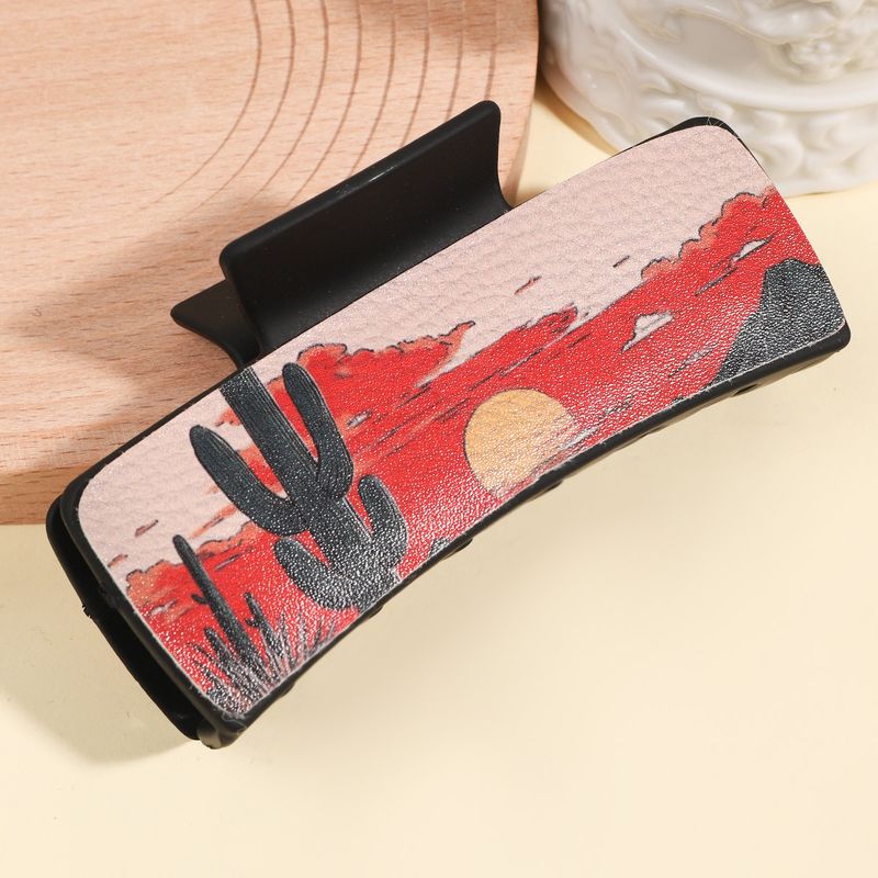 Kaktus-Haarspange aus PU-Leder mit Aufdruck – Wüstenpflanze im Anime-Stil, Krallenklammer für den Hinterkopf – Großer Hai-Clip_voghion.com