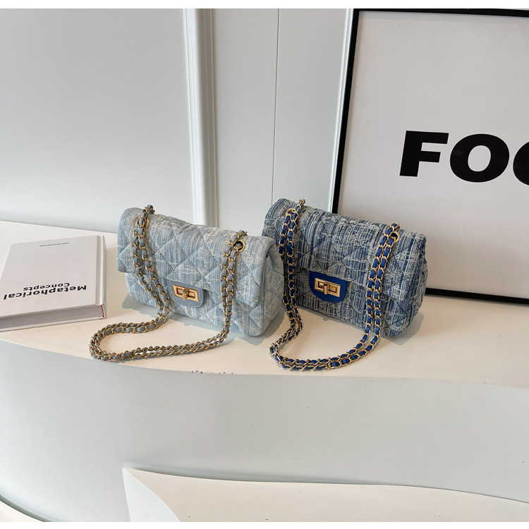 Borsa a tracolla casual in denim da donna con piccola borsa quadrata a tracolla con catena a reticolo di diamanti_voghion.com