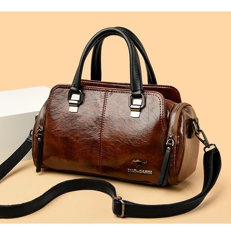 Women's Bag New Fashion Retro Versatile Contrasting Color Boston Pillow Bag Soft Leather Hand-held Large Capacity Mother Bag_voghion.com