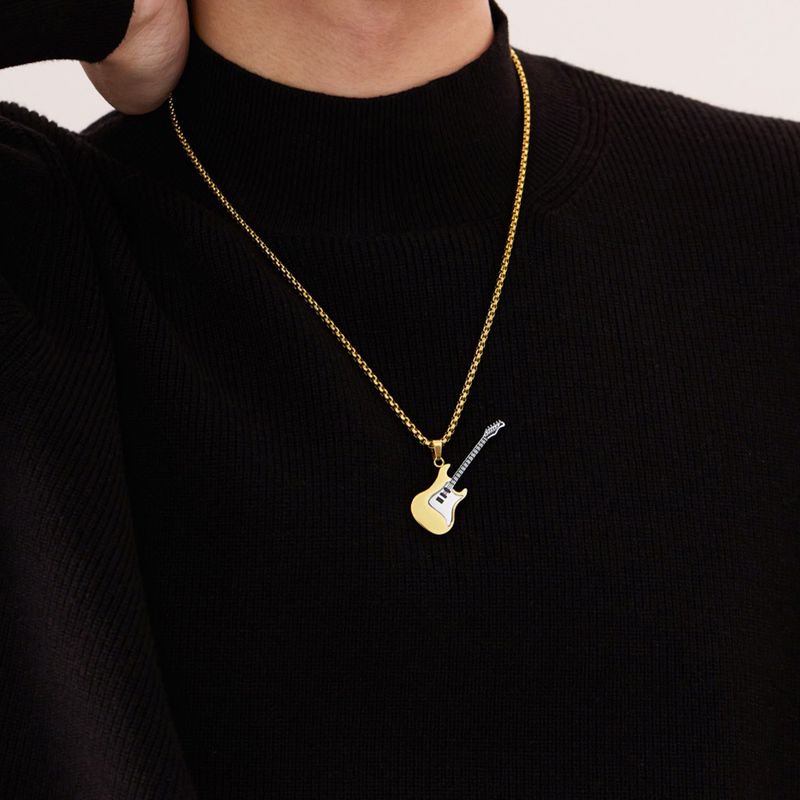 Bijoux pour hommes, personnalité tendance, hip-hop, pendentif guitare en acier inoxydable, classique de la rue, tendance, collier en acier titane pour hommes_voghion.com