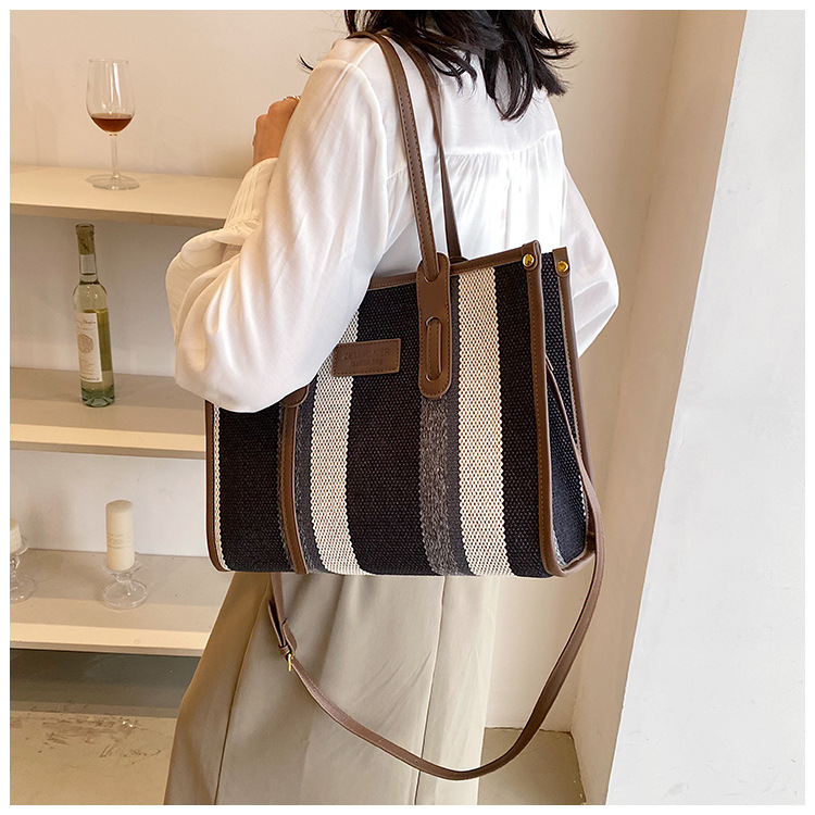 Nowa torba z grubej bawełny o dużej pojemności płócienna torba damska transgraniczny handel zagraniczny kontrastowy kolorowy pasek torba na ramię trend w modzie torba listonoszka_voghion.com