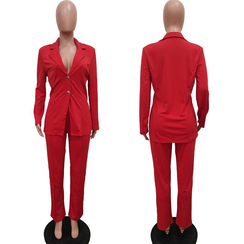 Women's Clothing solid color suit collar button two piece suit_voghion.com