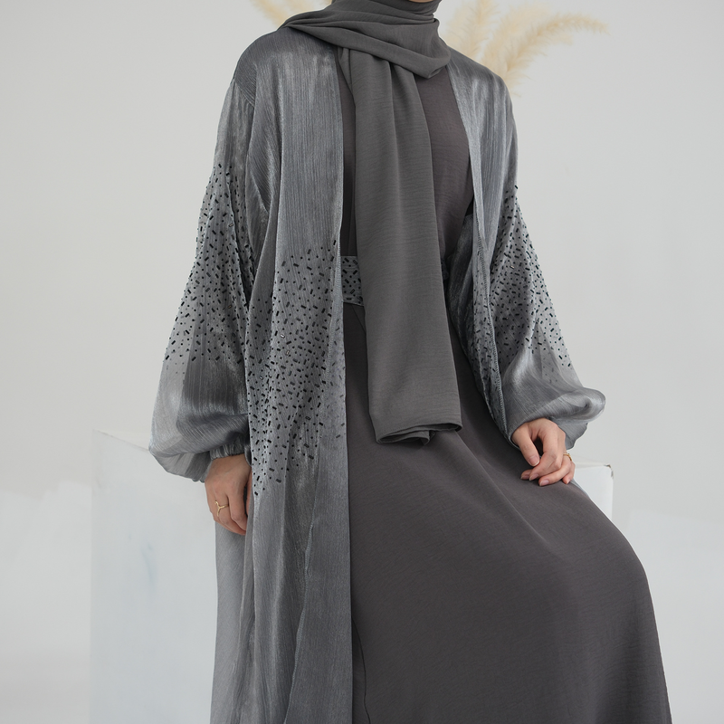 Women’s Clothing Muslim Fashion Dubai Daily Solid Color Puff Sleeve Sleeve Robe Cardigan_voghion.com