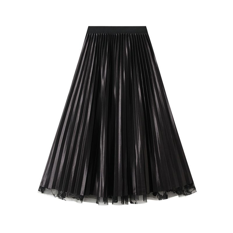 Nova saia de malha com flores flocadas, saia plissada frontal e traseira, saia midi 3607_voghion.com