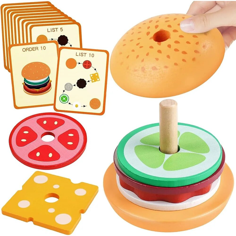 Montessori Wooden Burger Stacking Toys For Toddler Kids Preschool Learning Educational Toys Fine Motor Skill Kitchen Toys Gift_voghion.com